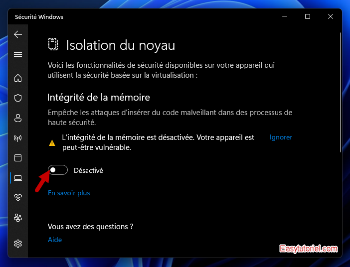 augmenter securite windows 5 integrite de la memoire