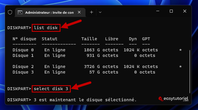 windows n a pas pu effectuer le formatage 13 list disk select disk