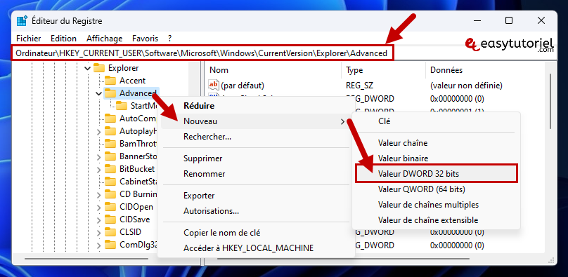 changer taille barre des taches 1 registre nouveau valeur dword 32 bits