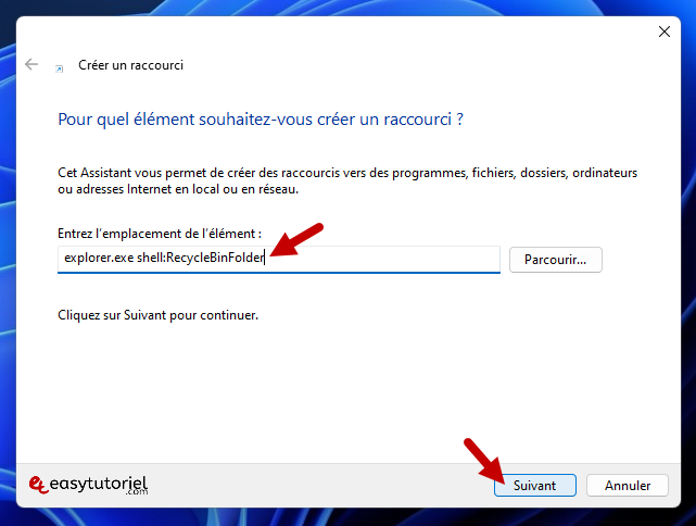 creer une raccourci explorer exe shell recyclebinfolder