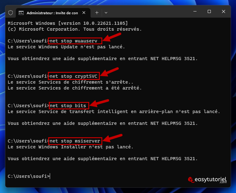 microsoft store telechargement bloque 7 net stop wuauserv cryptSVC bits msiserver