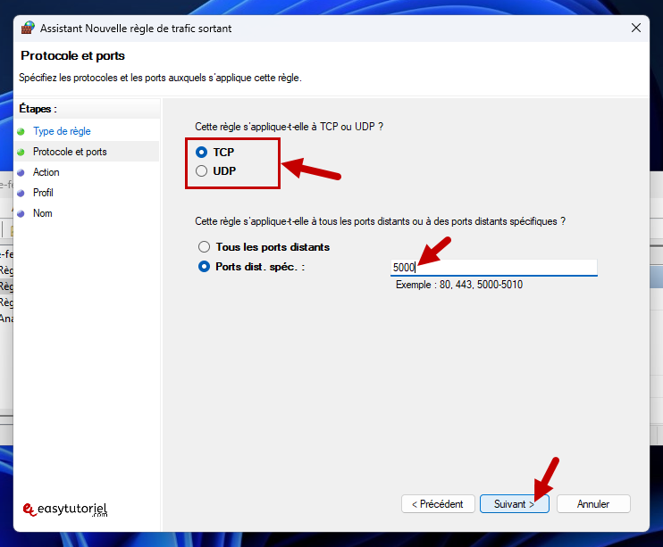 ouvrir port windows 10 tcp udp 5000