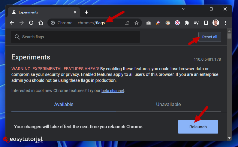 chrome flags reset reinitialiser