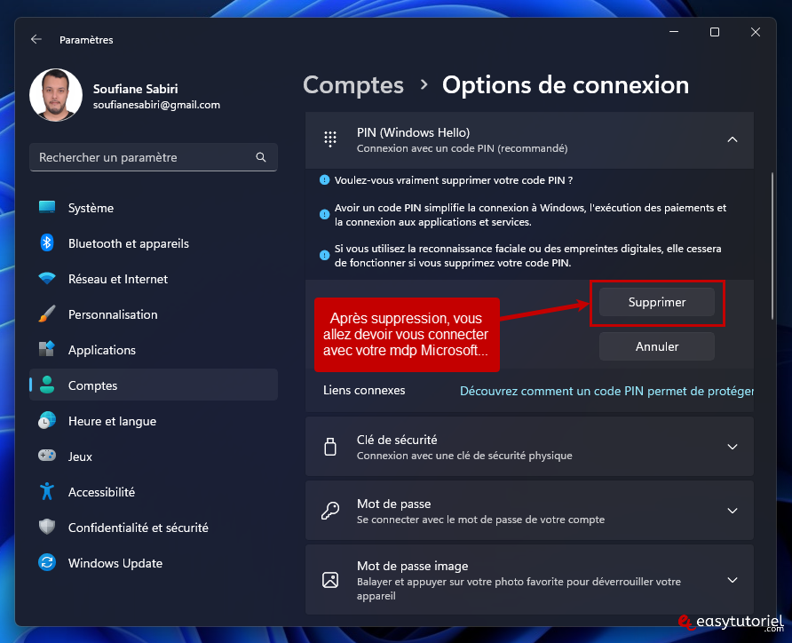confirmer supprimer code pin