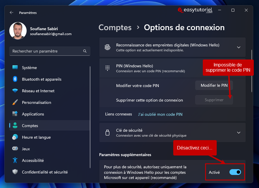 desactiver autorisez uniquement la connexion a windows hello