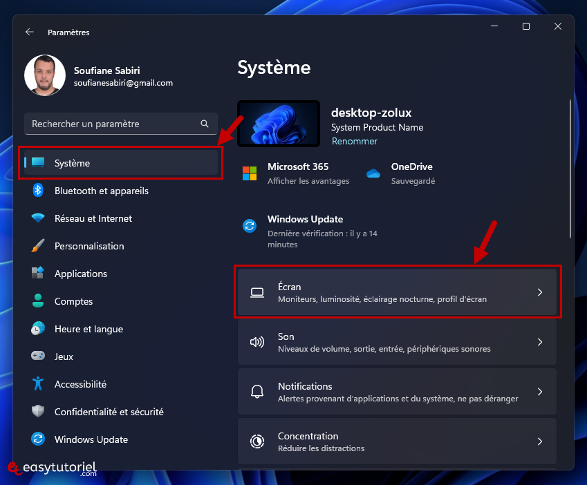 theme contraste eclairage nocturne windows 7 parametres systeme ecran