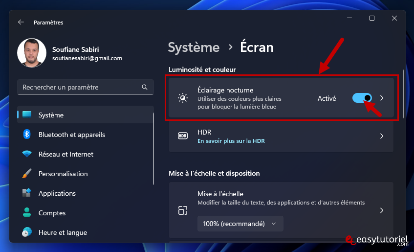 theme contraste eclairage nocturne windows 8 activer eclairage nocturne