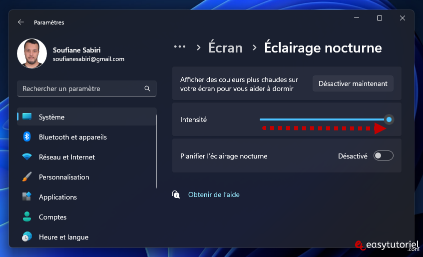 theme contraste eclairage nocturne windows 9 intensite