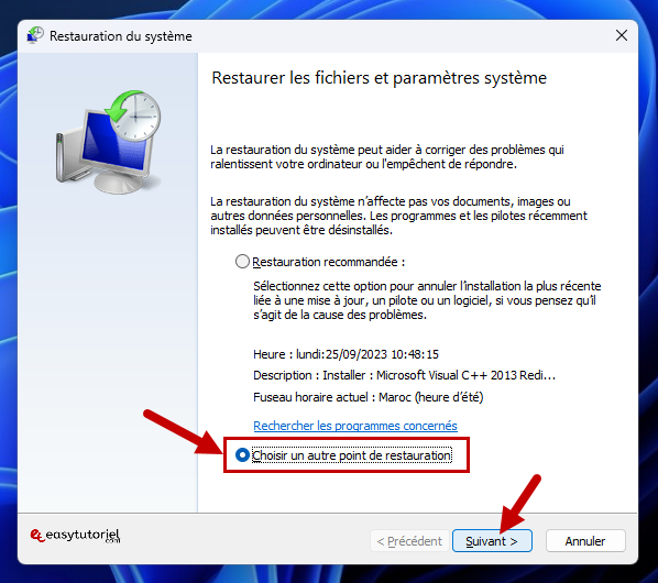 choisir un autre point de restauration