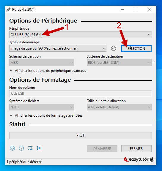 cle usb windows 10 1 rufus selection