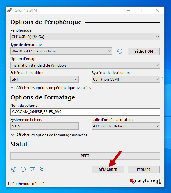 cle usb windows 10 3 demarrer rufus