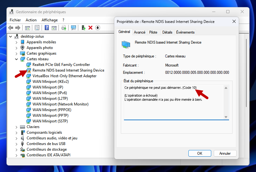 erreur code 10 gestionnaire de peripheriques windows reseau