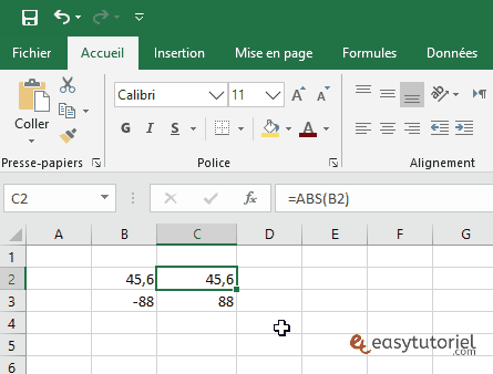 excel calculer valeur absolue abs