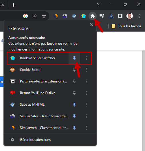 multiple barre favoris 3 epingler extension bookmark bar switcher