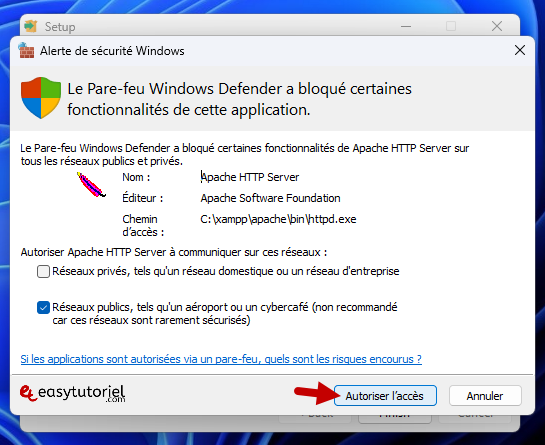 serveur php mysql xampp windows 10 autoriser acces