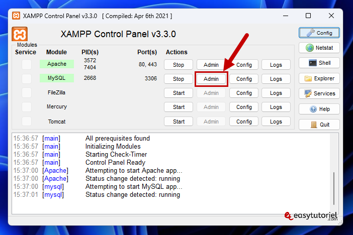 serveur php mysql xampp windows 13 admin mysql