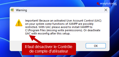 serveur php mysql xampp windows 2 desactover uac