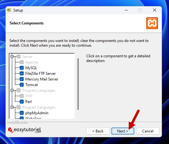 serveur php mysql xampp windows 7 select components installation