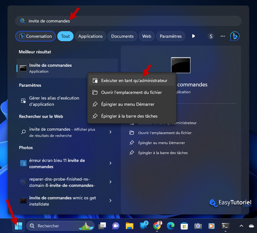 cmd administrateur invite de commandes demarrer