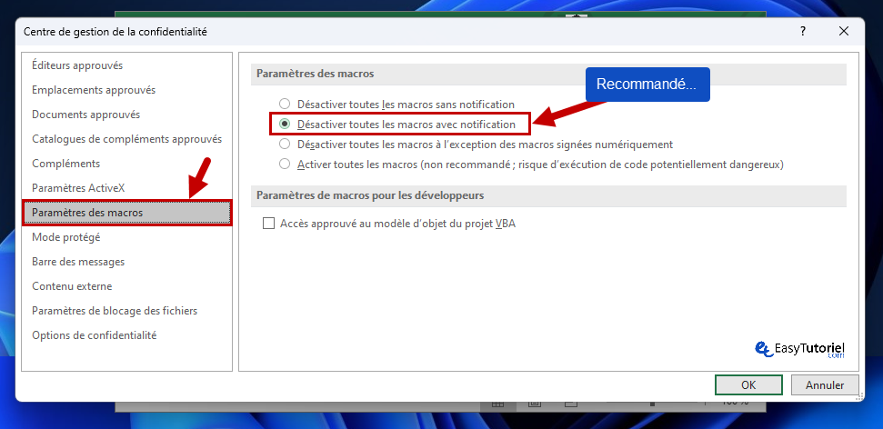 excel parametres des macros