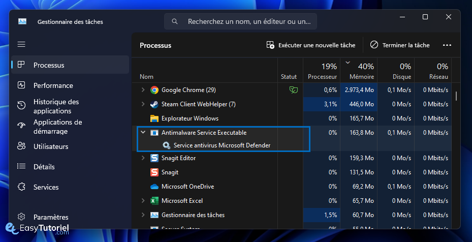 Antimalware Service Executable 100 1 gestionnaire des taches