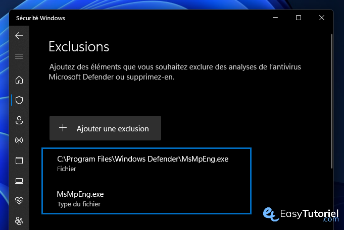 Antimalware Service Executable 100 15 exclusions securite windows