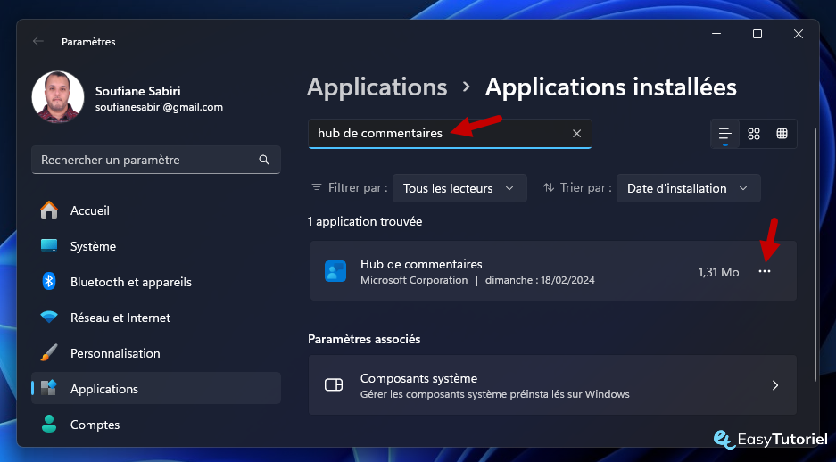 hub de commentaires applications installees