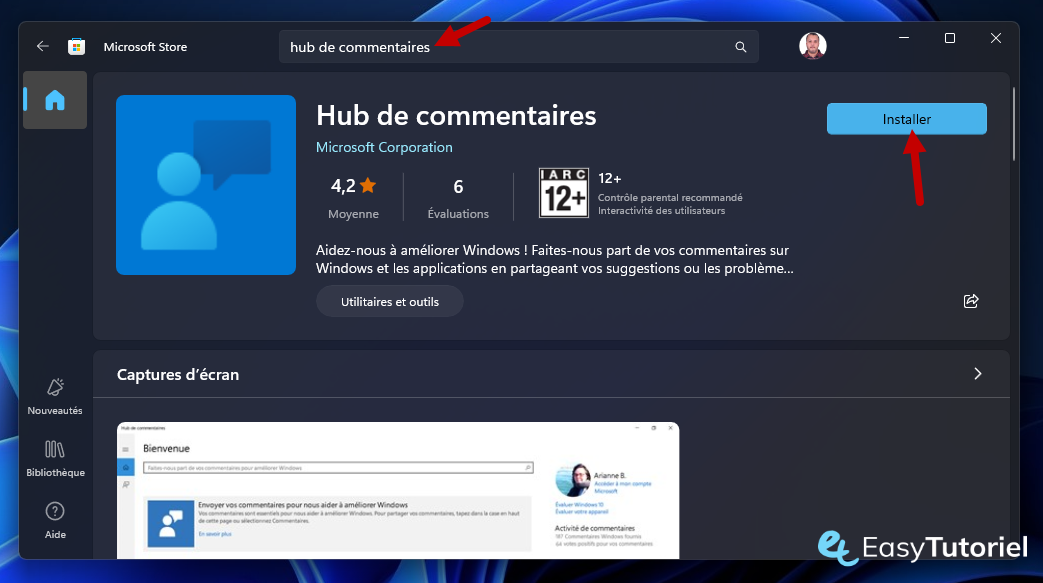 hub de commentaires microsoft store