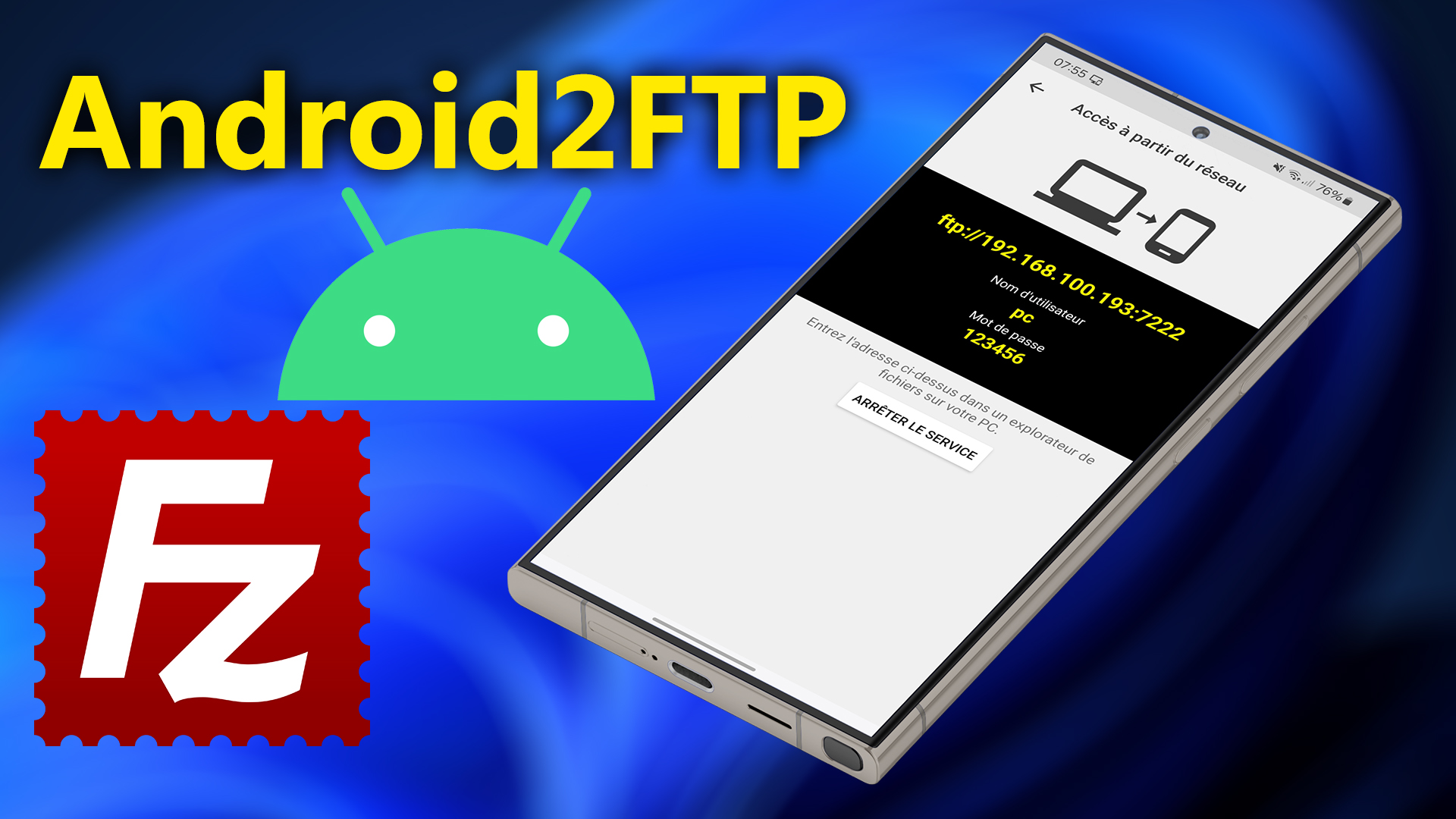 通过 Wi-Fi (FTP) 将文件从 PC 传输到 Android