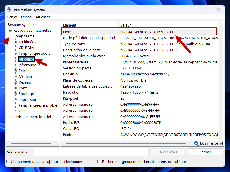 connaitre gpu carte graphique 4 composants affichage nvidia geforce 1650