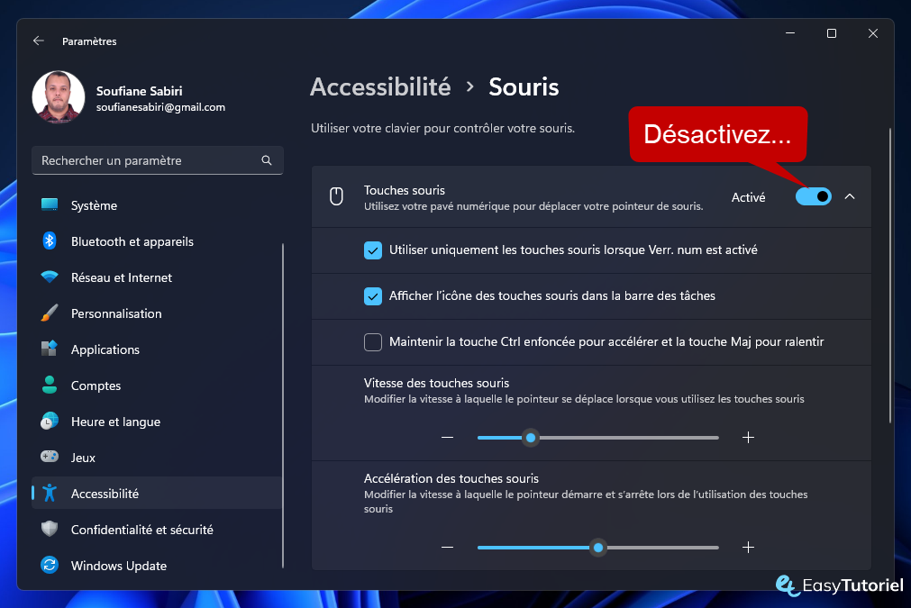 parametres accesibilite souris touches souris desactiver