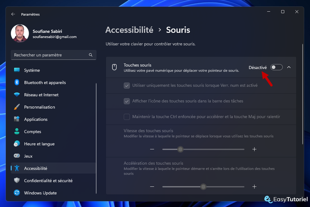 parametres touches souris accessibilite desactive