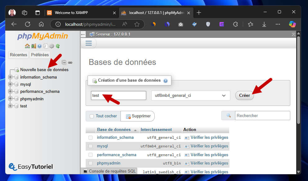 xampp nouvelle base de donnees mysql phpmyadmin