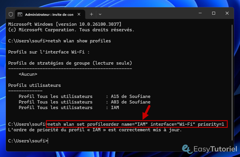 cmd netsh wlan set profileorder name interface priority ordre de priorite mis a jour