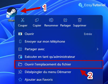 steam raccourci bureau proprietes