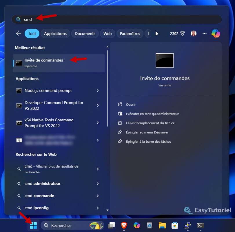 cmd invite de commandes demarrer