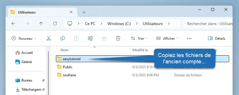 copier fichier ancien utilisateur