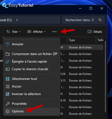 options des dossiers explorateur de fichiers