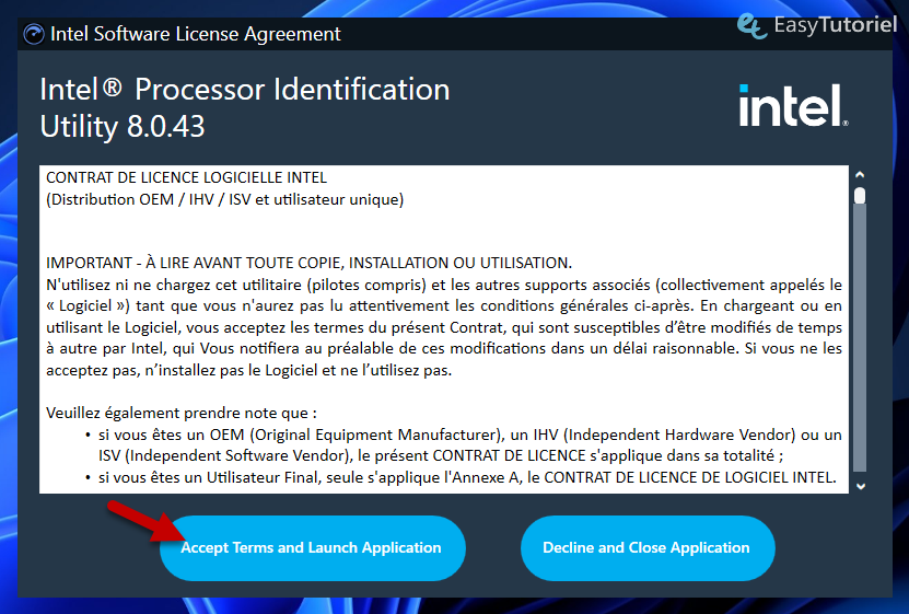 accepter les termes de la licence intel processor identification