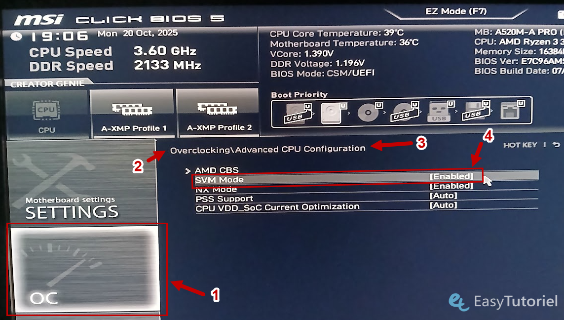 activer SVM mode processeur AMD