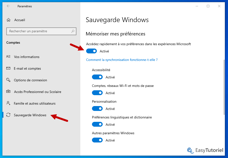 activer sauvegarde windows 10