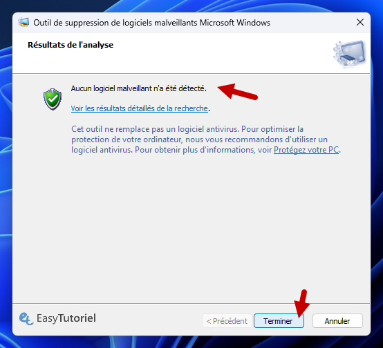 analyse terminee aucun logiciel malveillant detecte