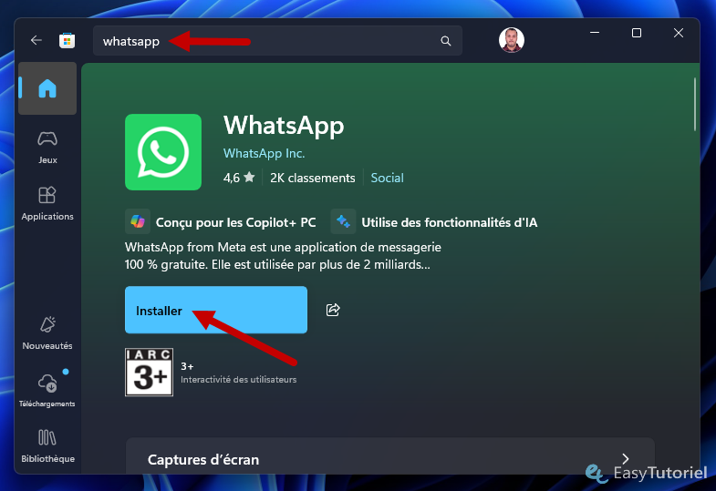 chercher installer whatsapp ms store