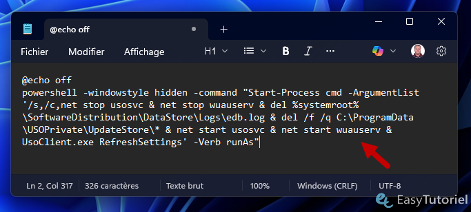 commande bat powershell bloc notes