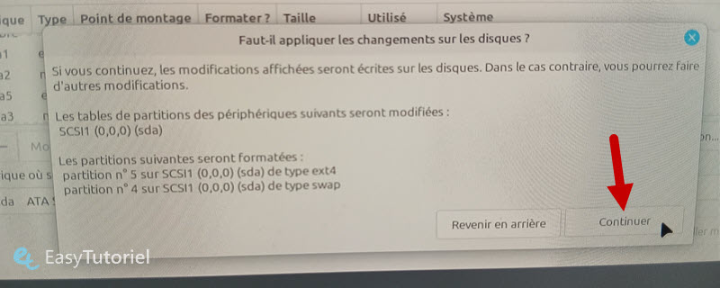 continuer installation mint partitions