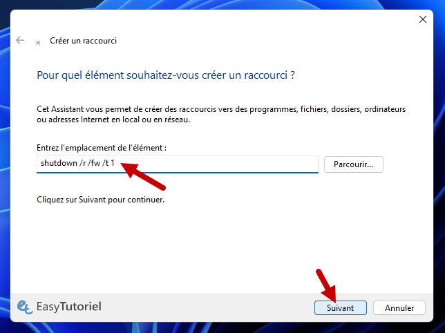 creer un raccourci shutdown r fw t 1