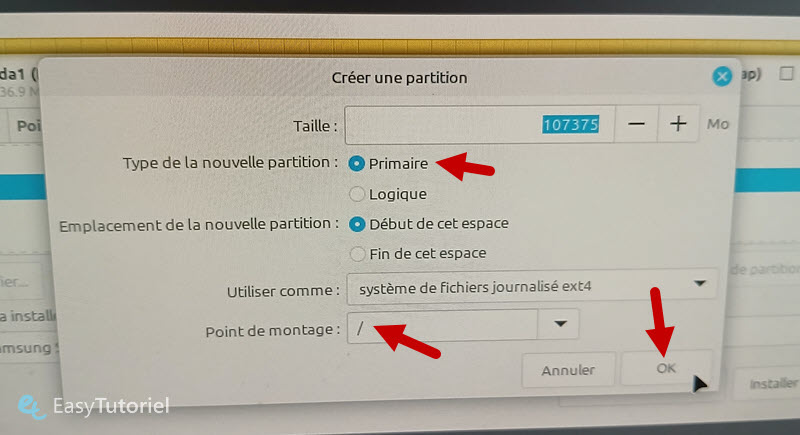 creer une partition primaire root