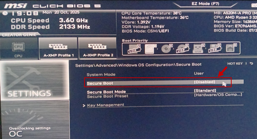desactiver secure boot bios