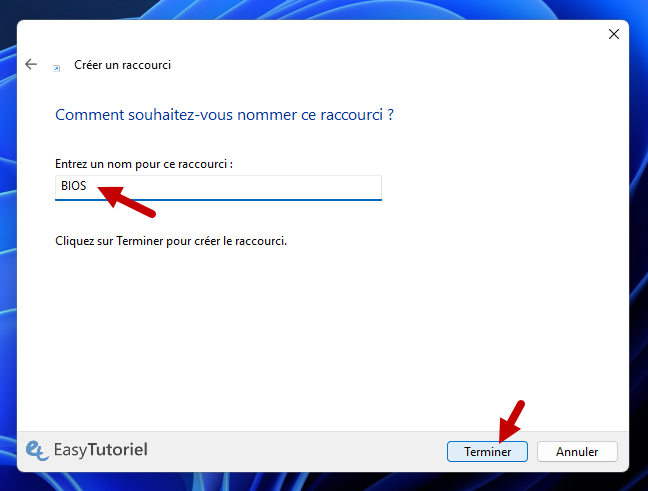 nom du raccourci BIOS