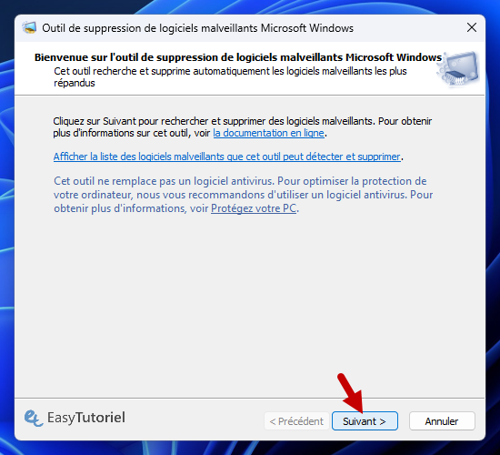 outil de suppression de logiciels malveillants micrososft windows suivant